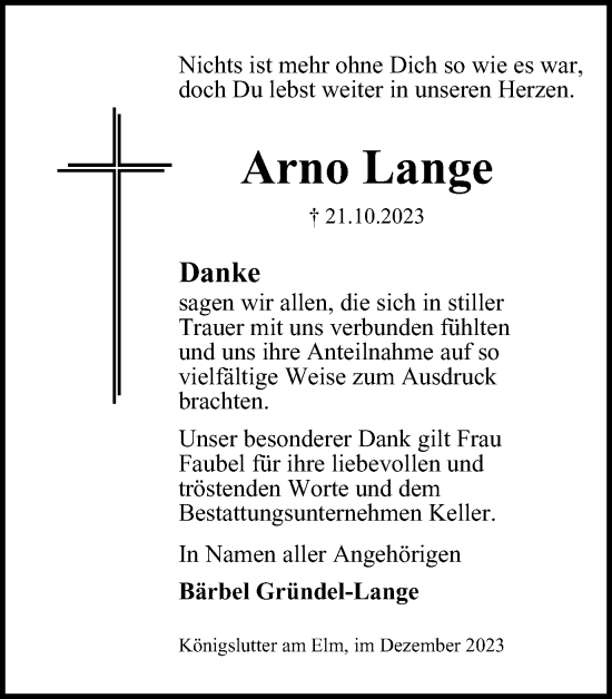 Traueranzeige von Arno Lange von Helmstedter Nachrichten