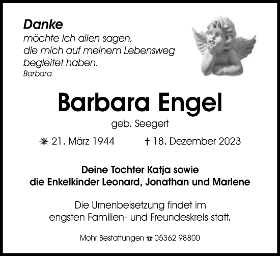 Traueranzeige von Barbara Engel von Wolfsburger Nachrichten