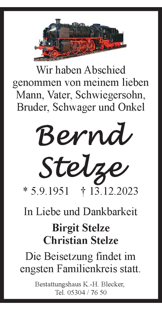 Traueranzeige von Bernd Stelze von Braunschweiger Zeitung