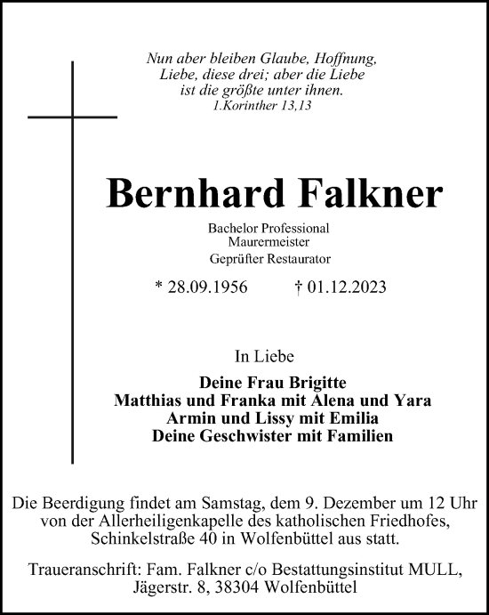 Traueranzeige von Bernhard Falkner von Braunschweiger Zeitung