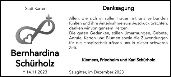 Traueranzeige von Bernhardina Schürholz von Salzgitter-Zeitung