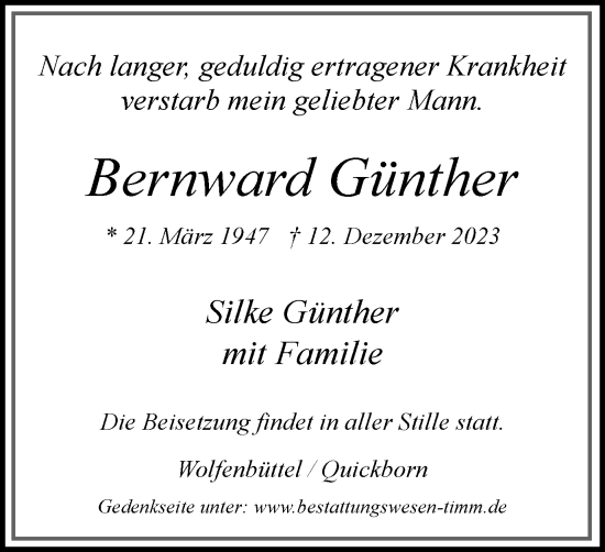 Traueranzeige von Bernward Günther von Wolfenbütteler Zeitung