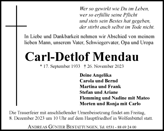 Traueranzeige von Carl-Detlof Mendau von Braunschweiger Zeitung