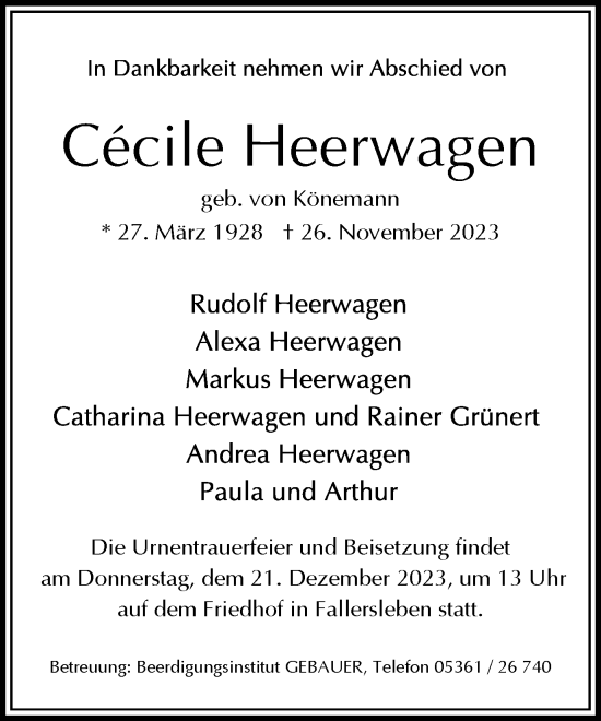 Traueranzeige von Cecile Heerwagen von Wolfsburger Nachrichten