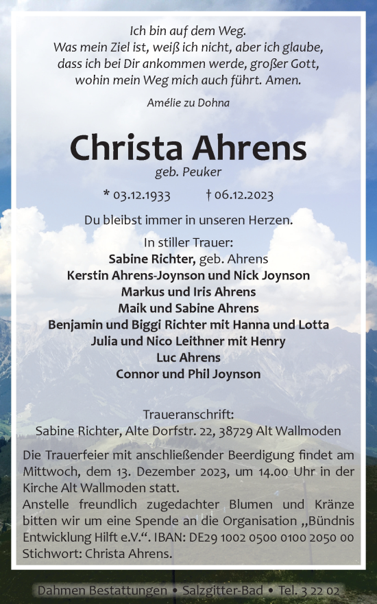 Traueranzeige von Christa Ahrens von Salzgitter-Zeitung