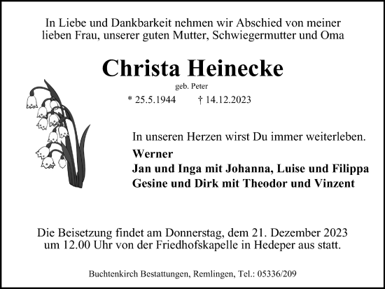 Traueranzeige von Christa Heinecke von Helmstedter Nachrichten, Wolfenbütteler Zeitung