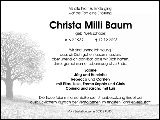 Traueranzeige von Christa Milli Baum von Wolfsburger Nachrichten