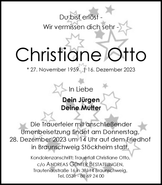 Traueranzeige von Christiane Otto von Braunschweiger Zeitung