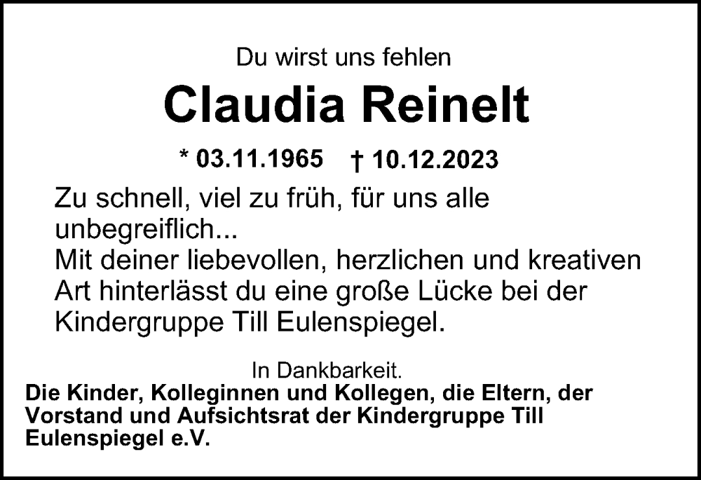  Traueranzeige für Claudia Reinelt vom 23.12.2023 aus Braunschweiger Zeitung