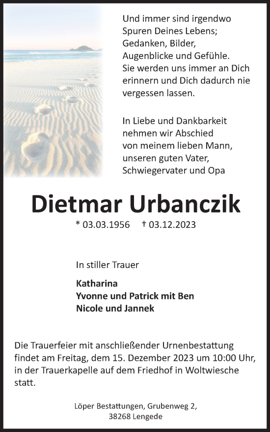 Traueranzeige von Dietmar Urbanczik von Peiner Nachrichten