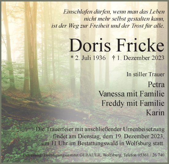 Traueranzeige von Doris Fricke von Wolfsburger Nachrichten