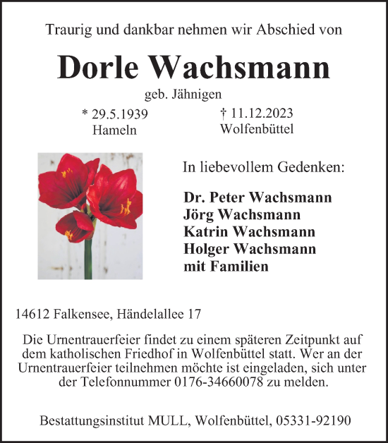 Traueranzeige von Dorle Wachsmann von Wolfenbütteler Zeitung