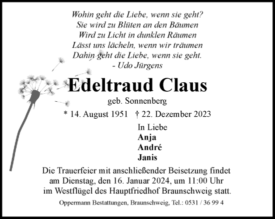 Traueranzeige von Edeltraud Claus von Braunschweiger Zeitung