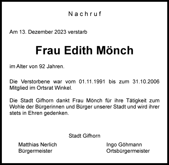 Traueranzeige von Edith Mönch von Wolfsburger Nachrichten