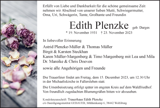 Traueranzeige von Edith Plenzke von Wolfsburger Nachrichten