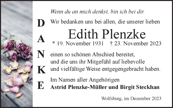 Traueranzeige von Edith Plenzke von Wolfsburger Nachrichten