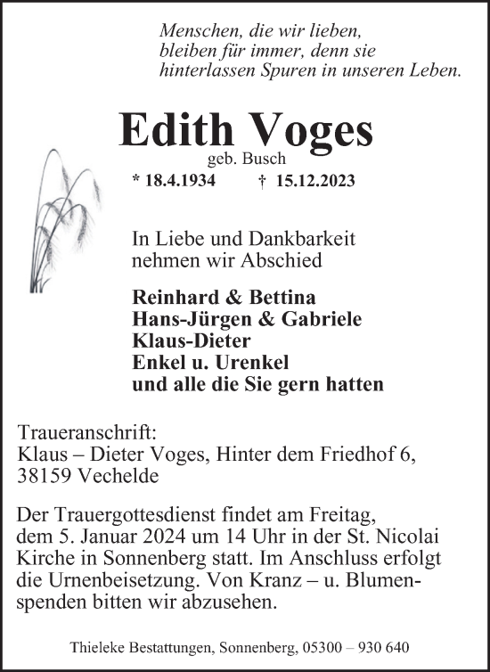 Traueranzeige von Edith Voges von Peiner Nachrichten