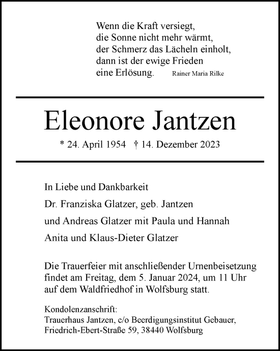 Traueranzeige von Eleonore Jantzen von Wolfsburger Nachrichten