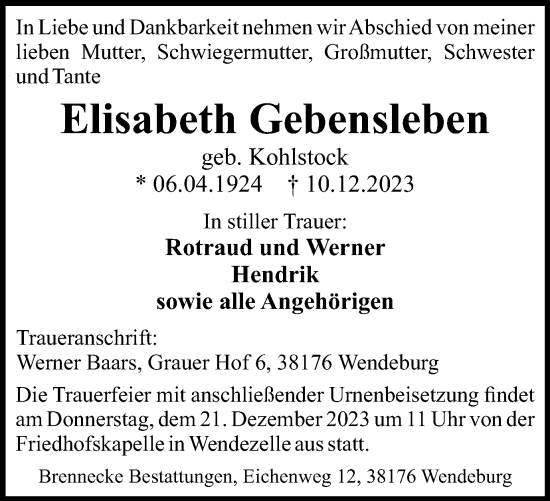 Traueranzeigen von Elisabeth Gebensleben | trauer38.de