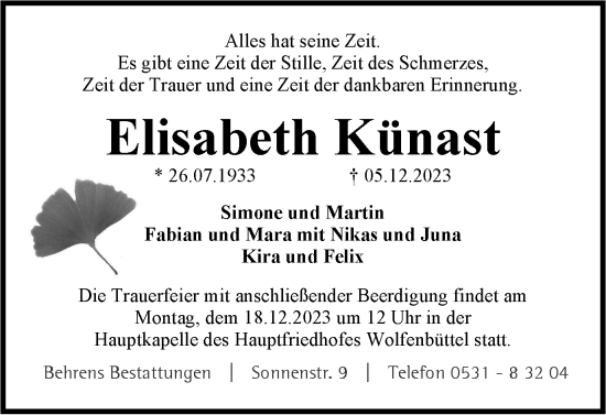 Traueranzeige von Elisabeth Künast von Wolfenbütteler Zeitung