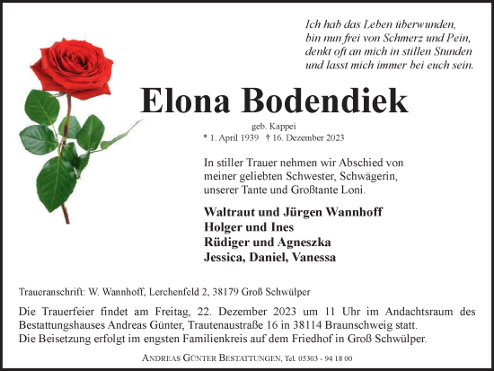 Traueranzeige von Elona Bodendiek von Braunschweiger Zeitung