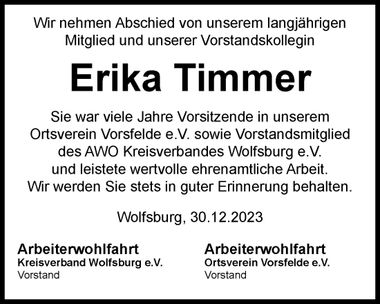 Traueranzeige von Erika Timmer von Wolfsburger Nachrichten