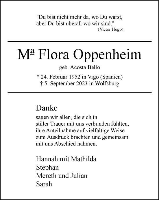 Traueranzeige von Flora Oppenheim von Wolfsburger Nachrichten