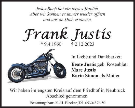 Traueranzeige von Frank Justis von Braunschweiger Zeitung