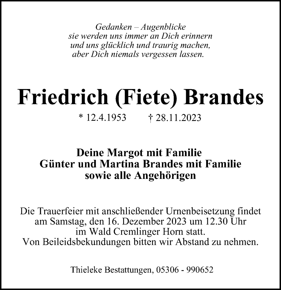  Traueranzeige für Friedrich Brandes vom 09.12.2023 aus Wolfenbütteler Zeitung