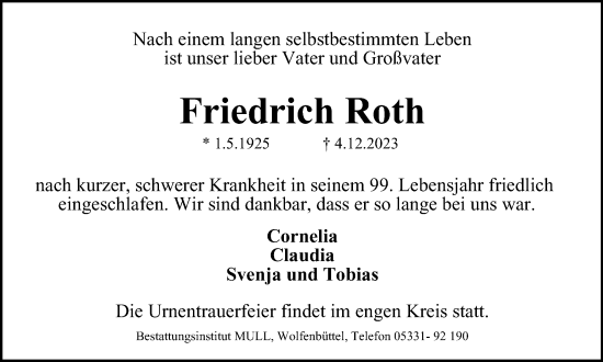 Traueranzeige von Friedrich Roth von Wolfenbütteler Zeitung