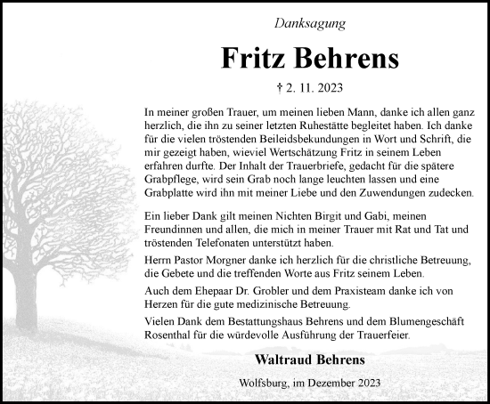 Traueranzeige von Fritz Behrens von Wolfsburger Nachrichten