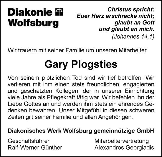 Traueranzeige von Gary Plogsties von Wolfsburger Nachrichten