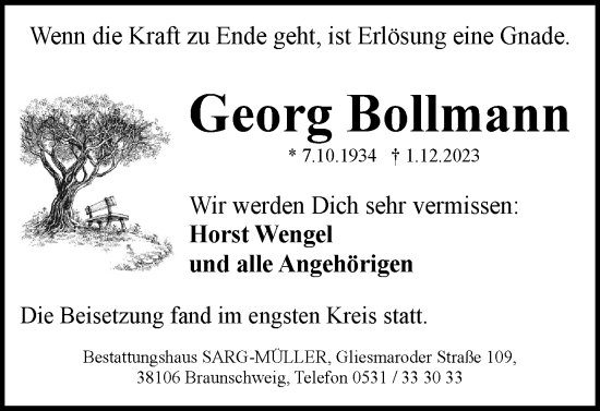 Traueranzeige von Georg Bollmann von Braunschweiger Zeitung