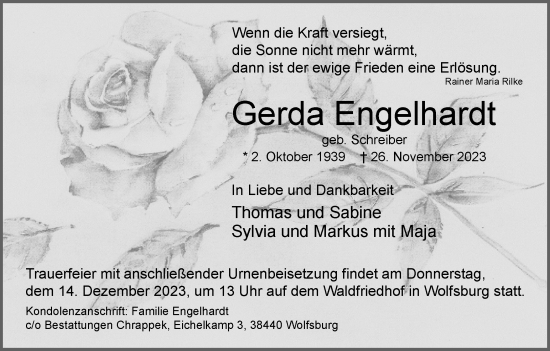 Traueranzeige von Gerda Engelhardt von Wolfsburger Nachrichten