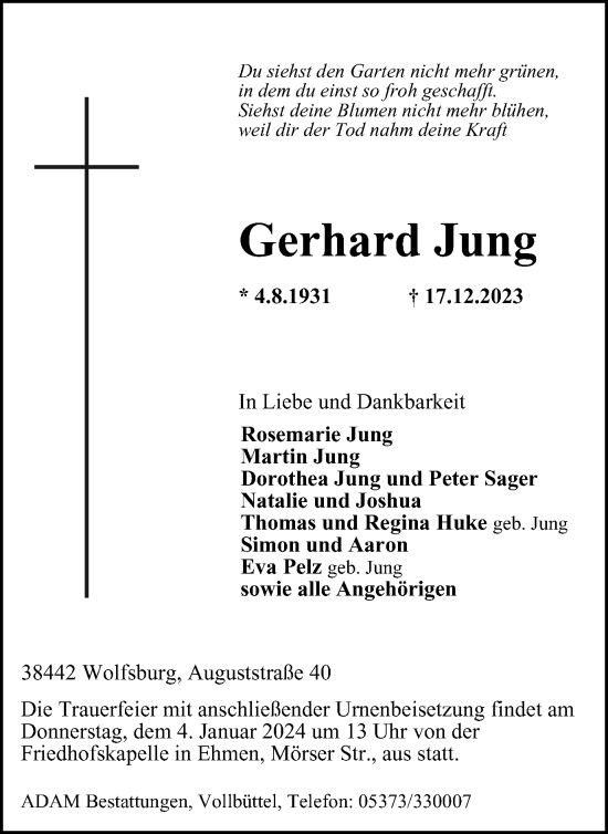 Traueranzeige von Gerhard Jung von Wolfsburger Nachrichten