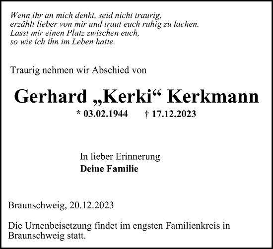 Traueranzeige von Gerhard Kerkmann von Braunschweiger Zeitung