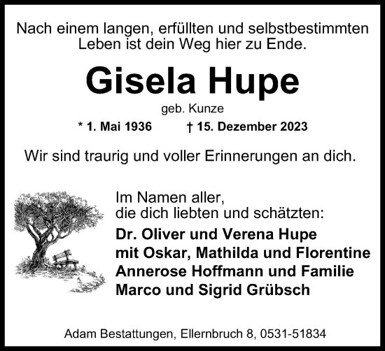 Traueranzeige von Gisela Hupe von Braunschweiger Zeitung