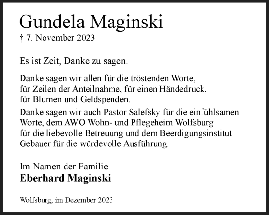 Traueranzeige von Gundela Maginski von Wolfsburger Nachrichten