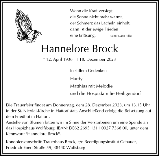 Traueranzeige von Hannelore Brock von Wolfsburger Nachrichten