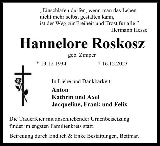 Traueranzeige von Hannelore Roskosz von Peiner Nachrichten