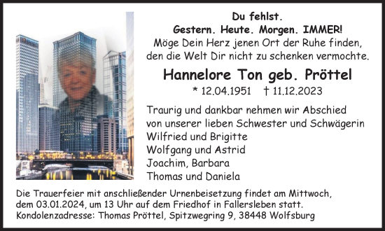 Traueranzeige von Hannelore Ton von Wolfsburger Nachrichten