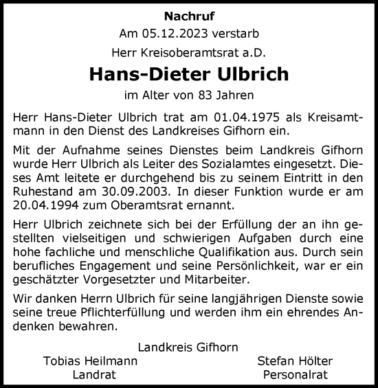 Traueranzeige von Hans-Dieter Ulbrich von Wolfsburger Nachrichten