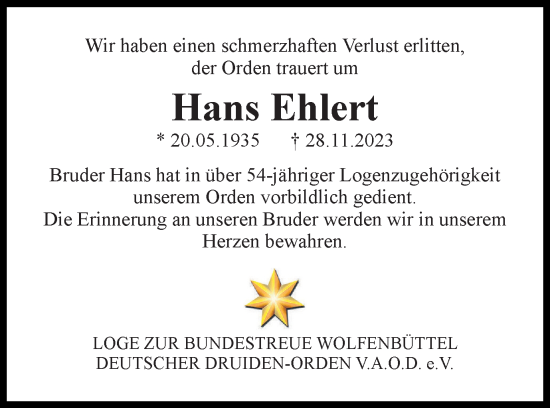 Traueranzeige von Hans Ehlert von Wolfenbütteler Zeitung