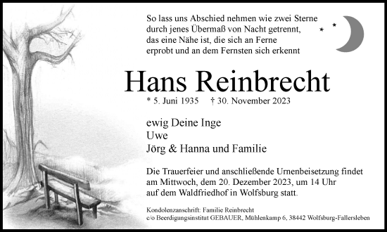 Traueranzeige von Hans Reinbrecht von Wolfsburger Nachrichten