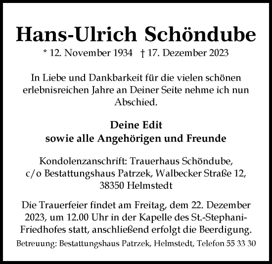 Traueranzeige von Hans-Ulrich Schöndube von Helmstedter Nachrichten