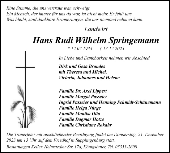 Traueranzeige von Hans Rudi Wilhelm Springemann von Helmstedter Nachrichten