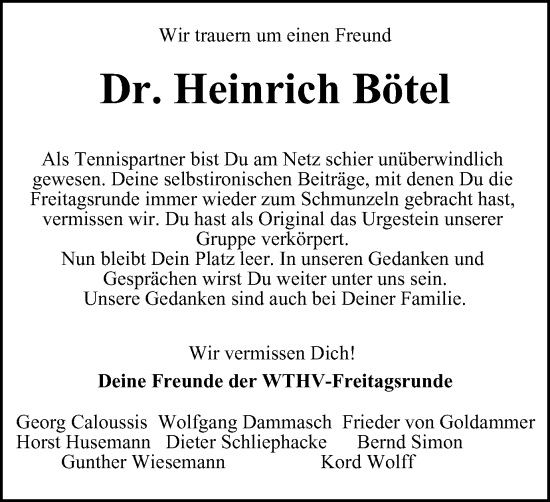 Traueranzeige von Heinrich Bötel von Wolfenbütteler Zeitung