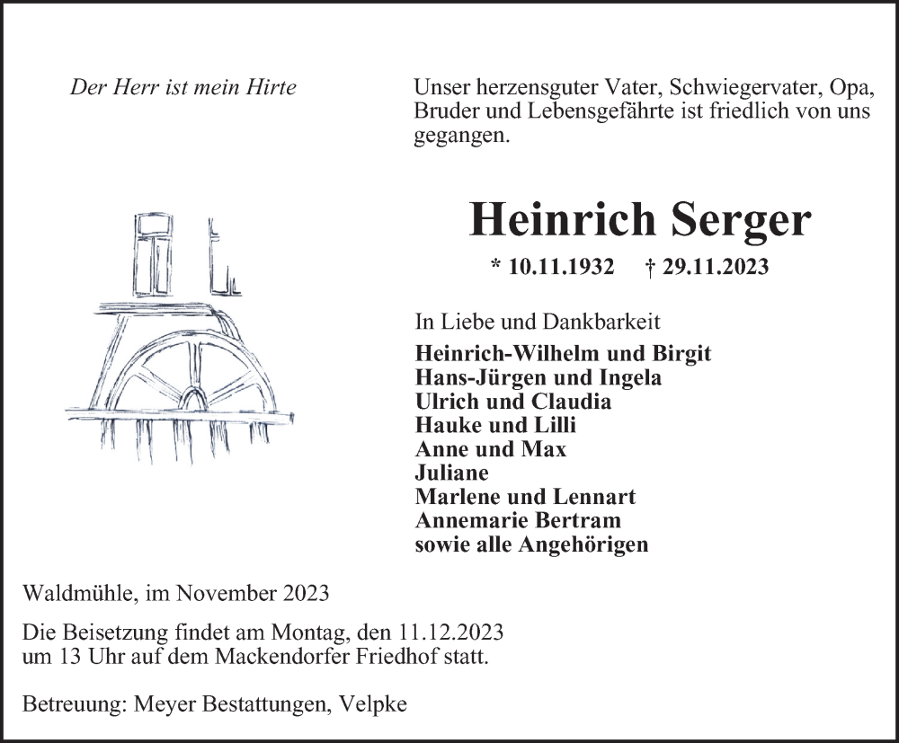  Traueranzeige für Heinrich Serger vom 05.12.2023 aus Helmstedter Nachrichten