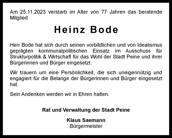 Traueranzeige von Heinz Bode von Peiner Nachrichten