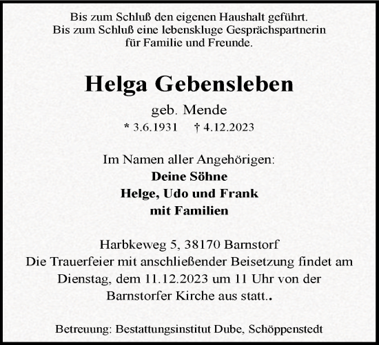 Traueranzeige von Helga Gebensleben von Wolfenbütteler Zeitung